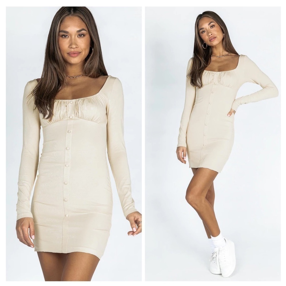 PRINCESS POLLY Dainton Long Sleeve Beige Mini Dress